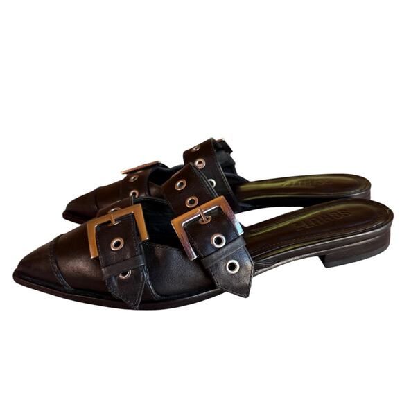 Schutz "Penny Flats" Black Buckle Mules with Silver Hardware, Pointy Toes size 6 - Picture 3 of 15